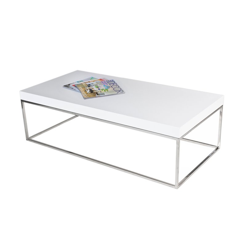 Pemberly Row Gloss Lacquer & High Polished Steel Metal Coffee Table in White