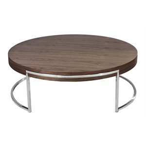 Pemberly Row Modern Wood Veneer & High Polished Steel Coffee Table in Walnut