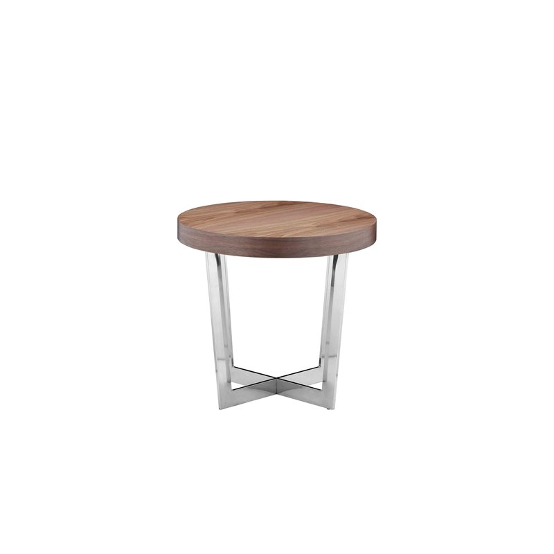 Pemberly Row Modern Wood Veneer & High Polished Steel Side Table in Walnut