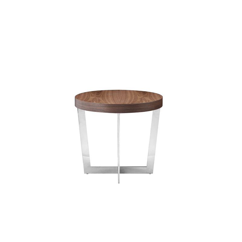 Pemberly Row Modern Wood Veneer & High Polished Steel Side Table in Walnut