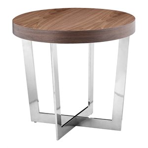 Pemberly Row Modern Wood Veneer & High Polished Steel Side Table in Walnut