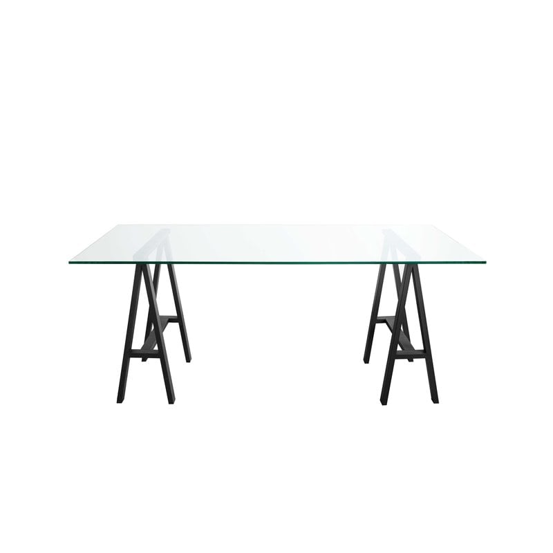 Pemberly Row Polished Steel Metal & Glass Desk in Black Frame/Clear Top