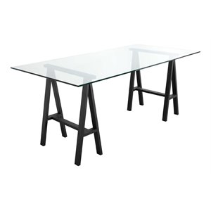 Pemberly Row Polished Steel Metal & Glass Desk in Black Frame/Clear Top