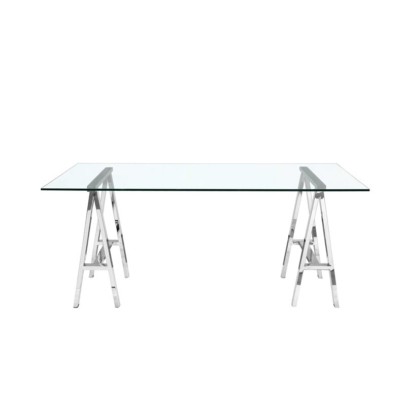 Pemberly Row Modern Polished Steel Metal and Tempered Glass Desk in Clear