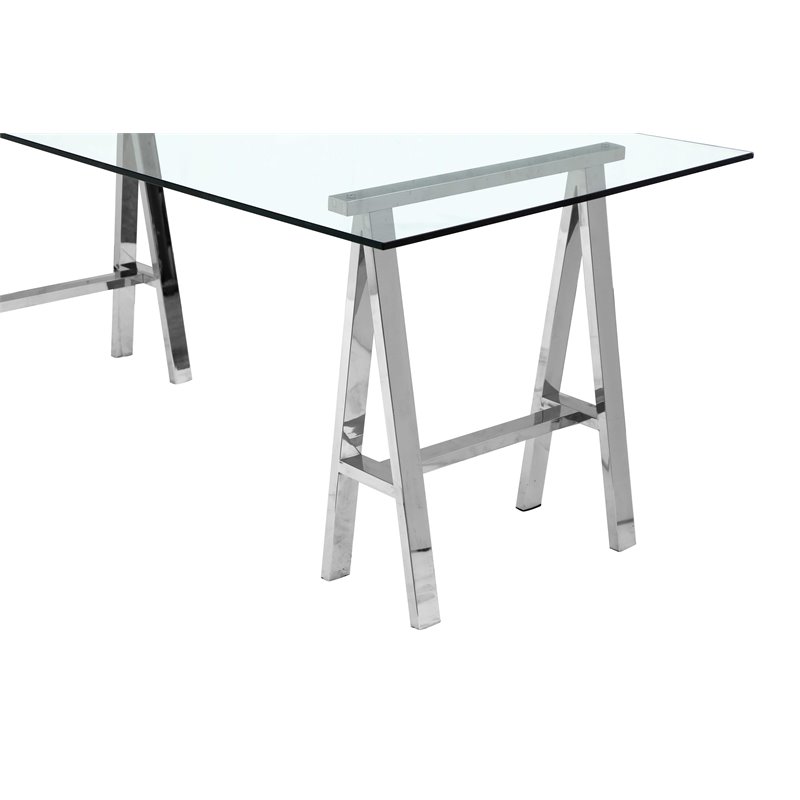 Pemberly Row Modern Polished Steel Metal and Tempered Glass Desk in Clear