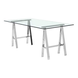 Pemberly Row Modern Polished Steel Metal and Tempered Glass Desk in Clear