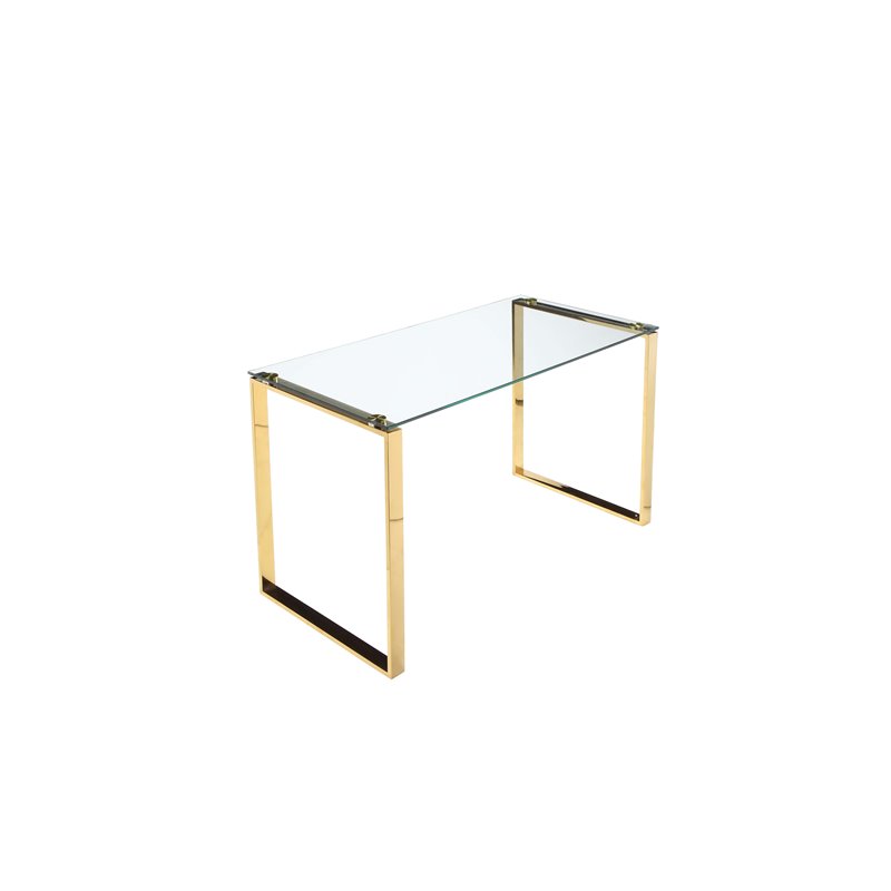 Pemberly Row Modern High Polished Steel Metal & Tempered Glass Desk in Gold