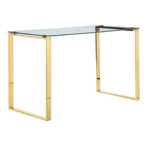 Pemberly Row Modern High Polished Steel Metal & Tempered Glass Desk in Gold