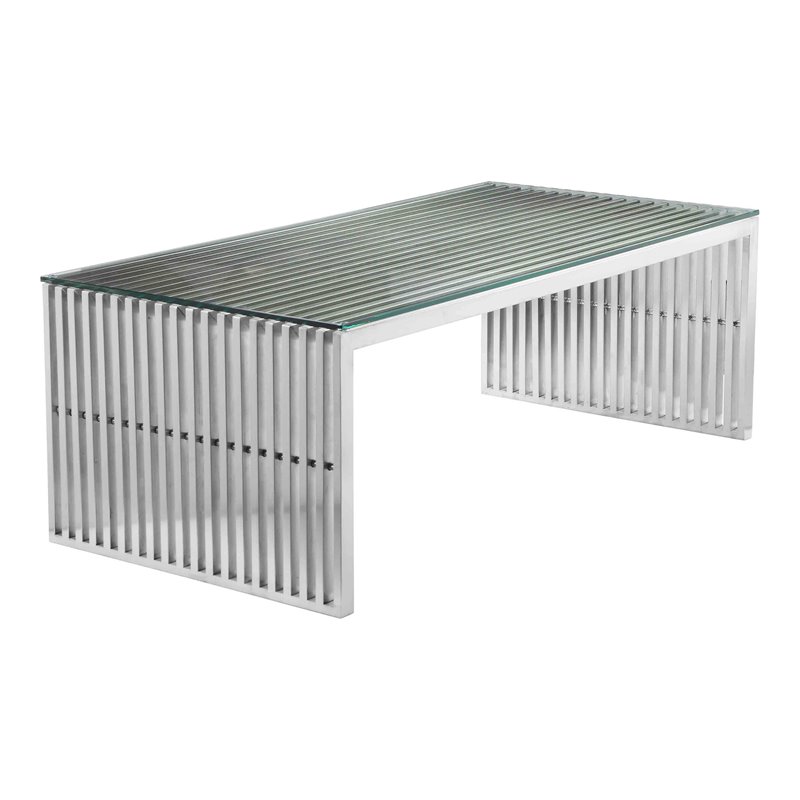Pemberly Row Contemporary Rectangle Metal & Glass Coffee Table in Silver
