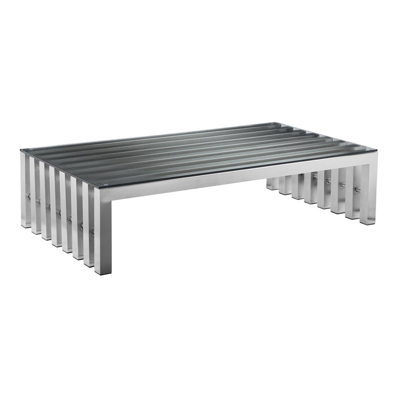 Pemberly Row Contemporary Rectangle Brushed Metal Coffee Table in Silver