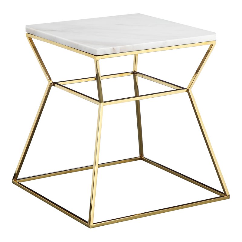Pemberly Row Modern Marble & Steel Side Table in White & Gold