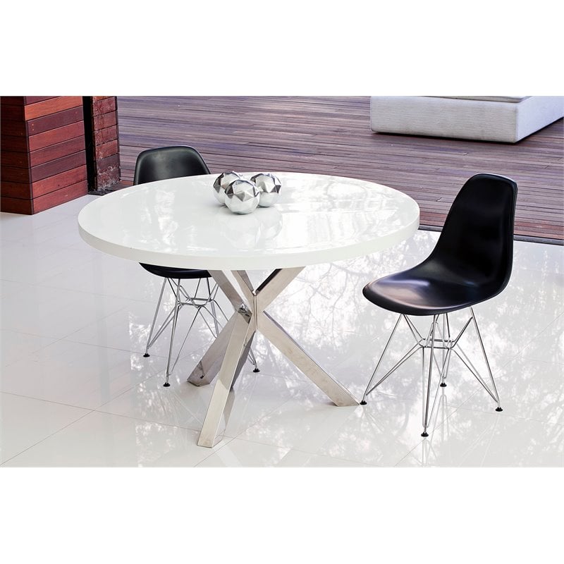 Pemberly Row Gloss Lacquer & High Polished Steel Metal Dining Table in White