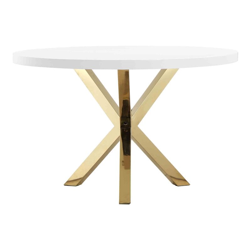 Pemberly Row Gloss Lacquer & Polished Steel Metal Dining Table in White/Gold
