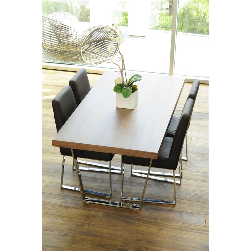 Pemberly Row Modern Wood Veneer & Polished Steel Dining Table in Walnut