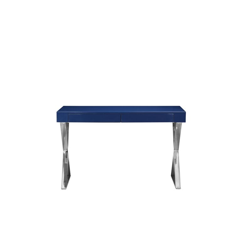 Pemberly Row Modern Gloss Lacquer & High Polished Steel Metal Desk in Navy