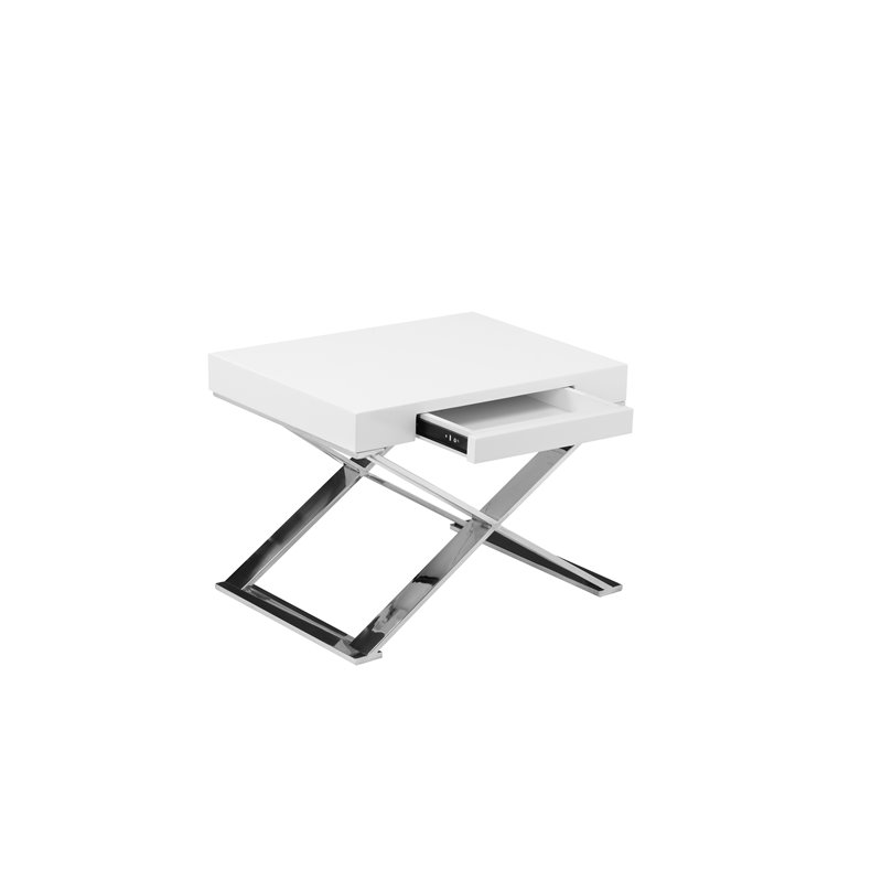 Pemberly Row Gloss Lacquer & High Polished Steel Metal Side Table in White