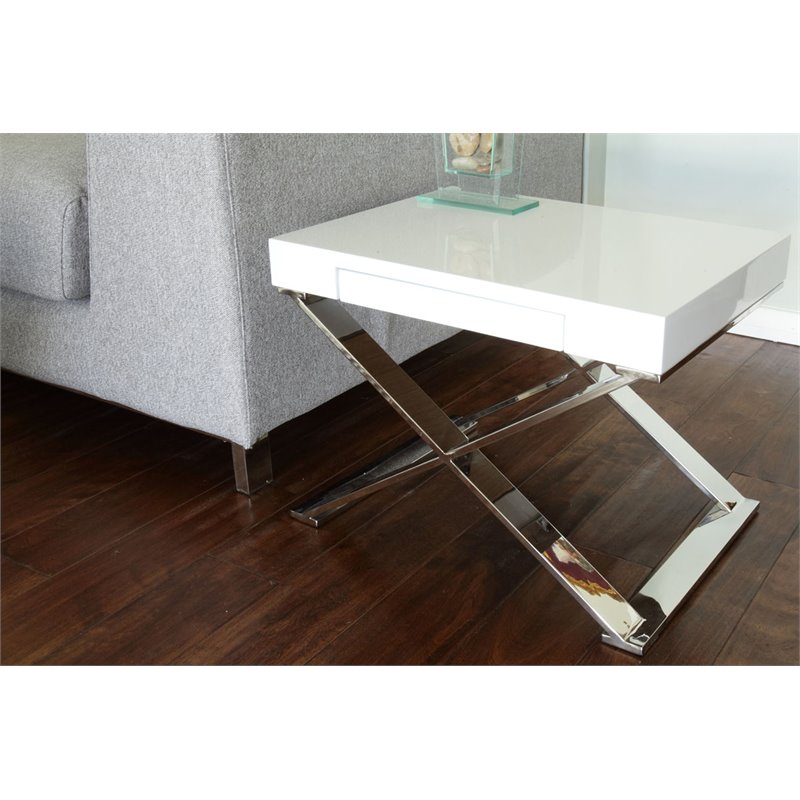 Pemberly Row Gloss Lacquer & High Polished Steel Metal Side Table in White