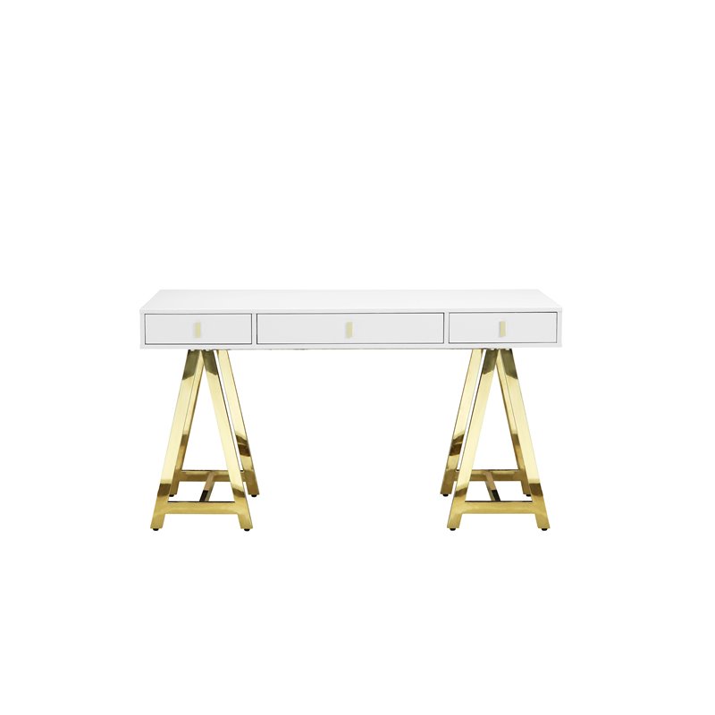 Pemberly Row Modern Lacquer & Steel Metal Desk in White/Gold