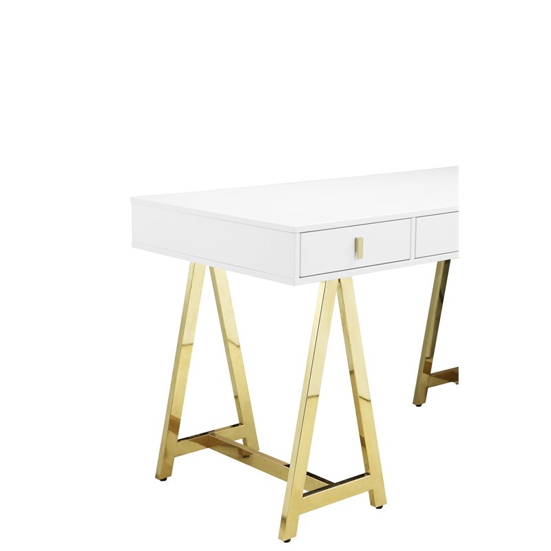 Pemberly Row Modern Lacquer & Steel Metal Desk in White/Gold