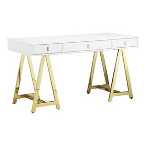Pemberly Row Modern Lacquer & Steel Metal Desk in White/Gold