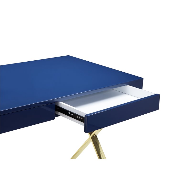 Pemberly Row Gloss Lacquer & High Polished Steel Metal Desk in Navy/Gold
