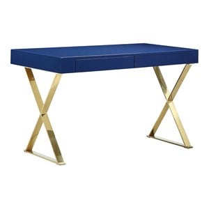 Pemberly Row Gloss Lacquer & High Polished Steel Metal Desk in Navy/Gold