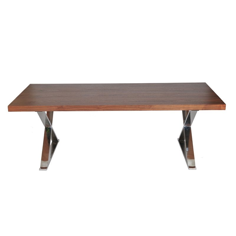 Pemberly Row Modern Wood Veneer & Polished Steel Dining Table in Walnut