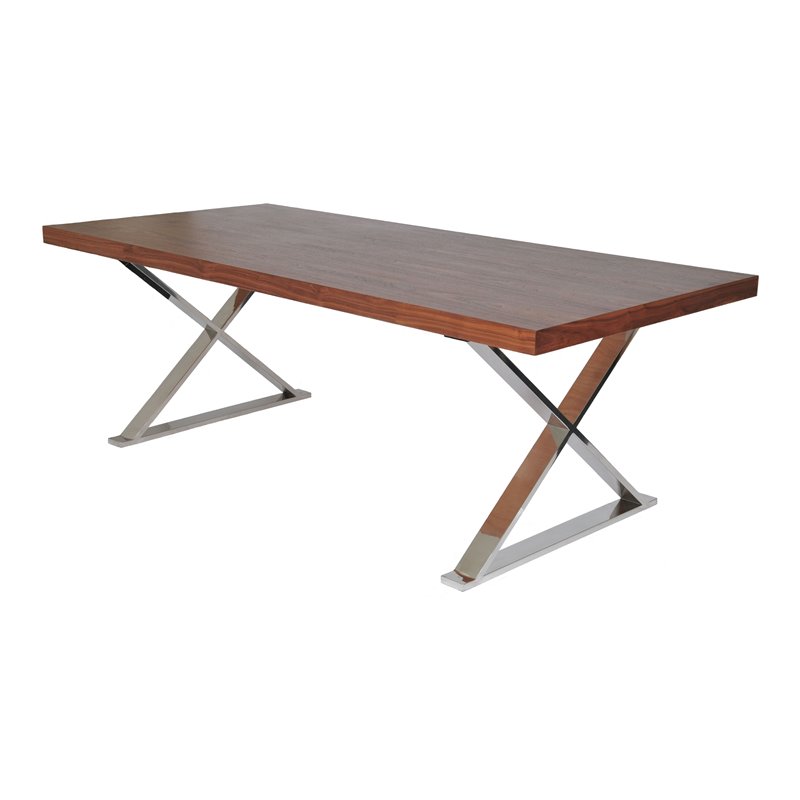 Pemberly Row Modern Wood Veneer & Polished Steel Dining Table in Walnut