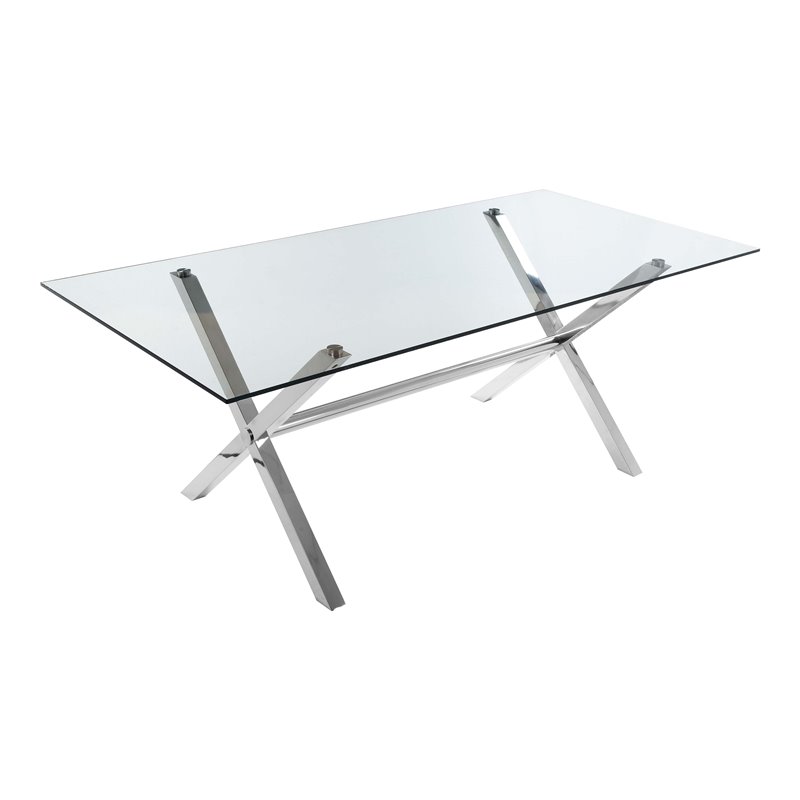 Pemberly Row Modern Glass & High Polished Steel Dining Table in Clear