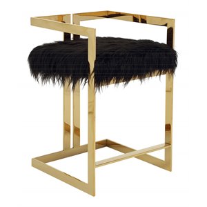Pemberly Row 23.6&quot Stainless Steel & Faux Fur Counter Stool in Black/Gold