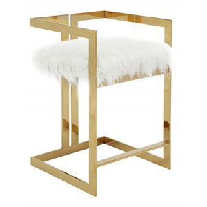 Pemberly Row 23.6&quot Stainless Steel & Faux Fur Counter Stool in White/Gold