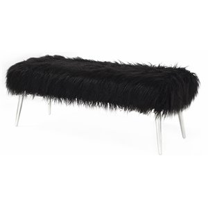 Pemberly Row 17&quot Modern Metal & Faux Fur Bench in Black/Silver