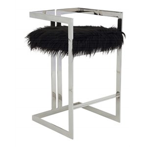 Pemberly Row 27.5&quot Stainless Steel & Faux Fur Bar Stool in Black/Silver