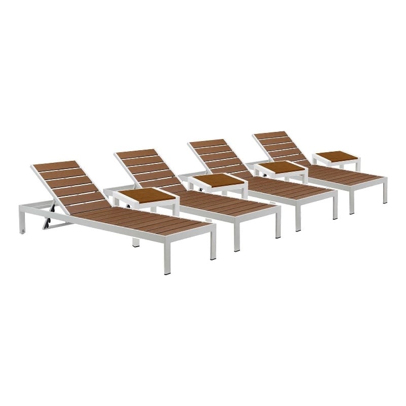 Pemberly Row 8-Piece Aluminum Lounger and Side Table in Teak/White