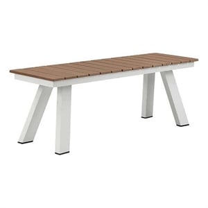 Pemberly Row Modern Aluminum and Polyresin Bench in Teak and White Finish