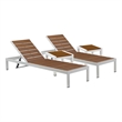 Pemberly Row 4-Piece Aluminum Lounger and Side Table in White/Teak
