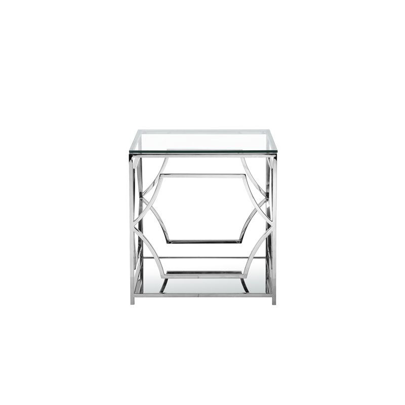 Pemberly Row Contemporary Metal Side Table with Glass in Silver