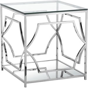 Pemberly Row Contemporary Metal Side Table with Glass in Silver