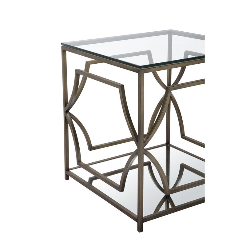 Pemberly Row Contemporary Metal Side Table with Glass in Brushed Brass