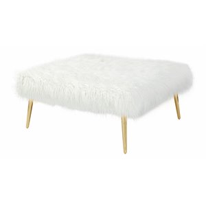 Pemberly Row 17&quot Metal & Faux Fur Square Ottoman in White/Gold