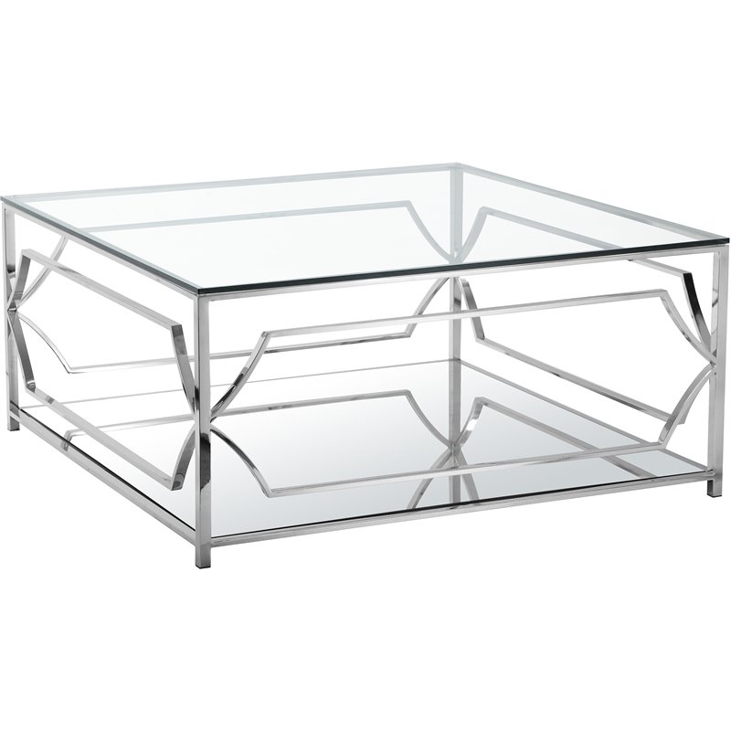 Pemberly Row Contemporary Metal Square Coffee Table with Glass in Silver