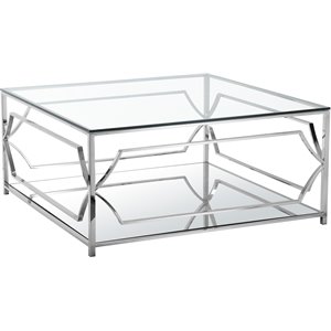 Pemberly Row Contemporary Metal Square Coffee Table with Glass in Silver