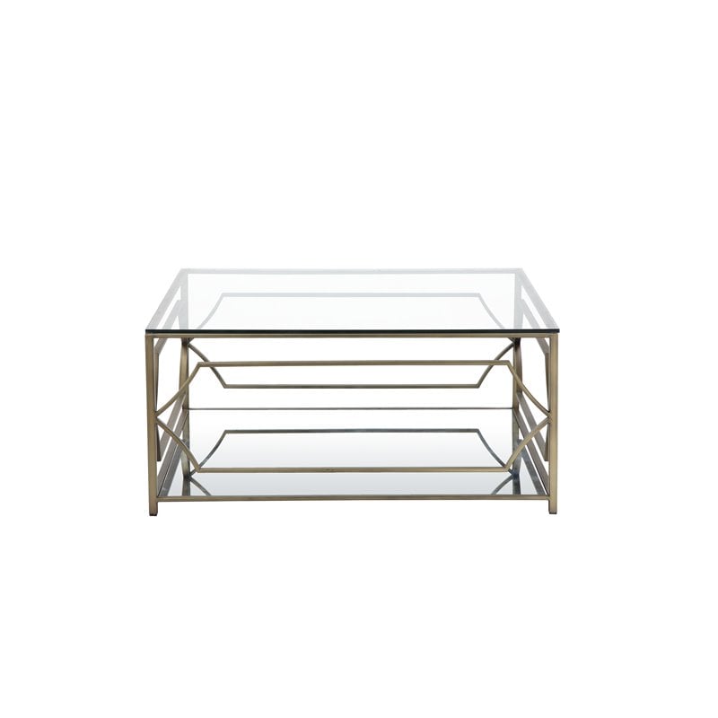 Pemberly Row Metal Square Coffee Table with Glass in Brushed Brass