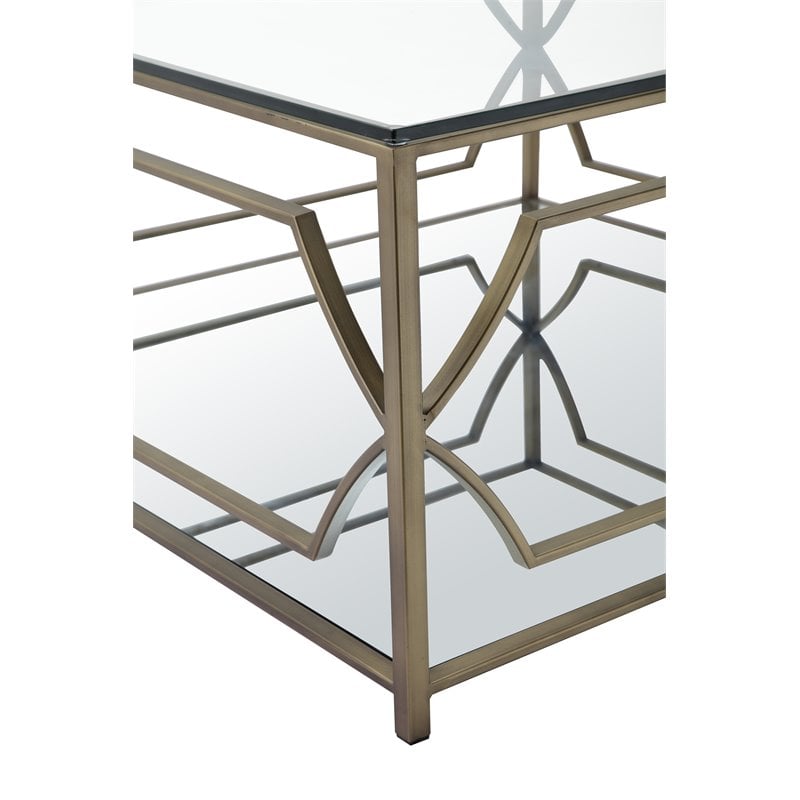 Pemberly Row Metal Square Coffee Table with Glass in Brushed Brass