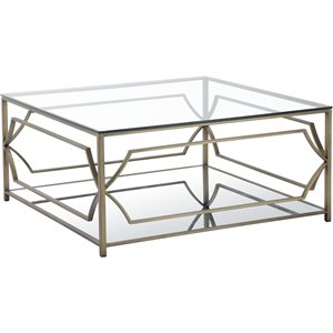 Pemberly Row Metal Square Coffee Table with Glass in Brushed Brass