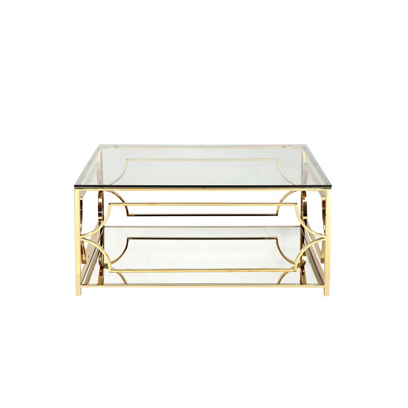 Pemberly Row Metal Square Coffee Table with Glass in Polished Gold