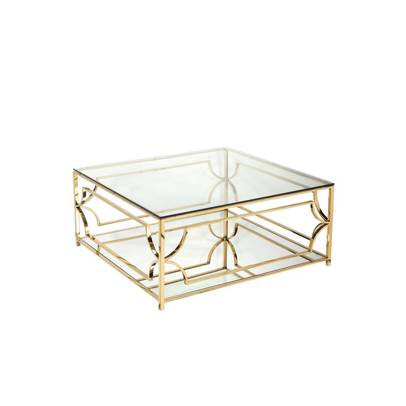 Pemberly Row Metal Square Coffee Table with Glass in Polished Gold