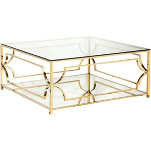 Pemberly Row Metal Square Coffee Table with Glass in Polished Gold