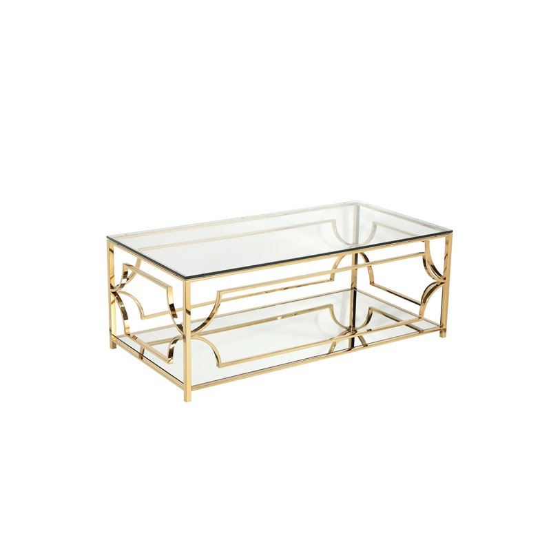 Pemberly Row Metal Rectangle Coffee Table with Glass in Polished Gold
