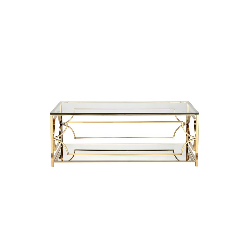 Pemberly Row Metal Rectangle Coffee Table with Glass in Polished Gold